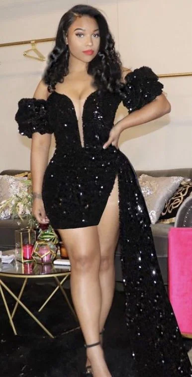 Women Black Sequins Prom Dresses Skirt Black Girl Formal Party Cocktail Homecoming Dress Robe De Princess c2552