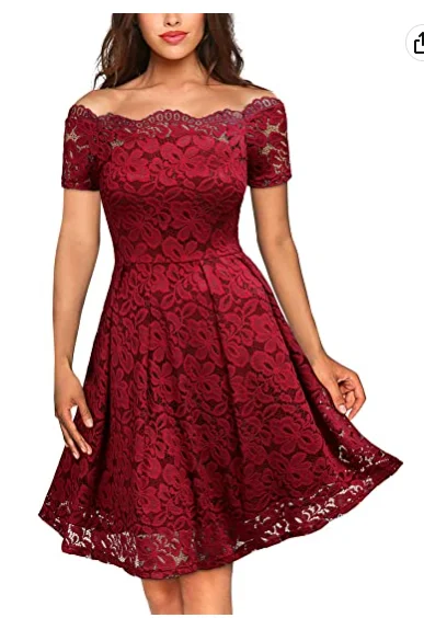 Street-Style Party Dress -Women's Vintage Floral Lace Short Sleeve Boat Neck Cocktail Party Swing Dress Homecoming Dress c2680