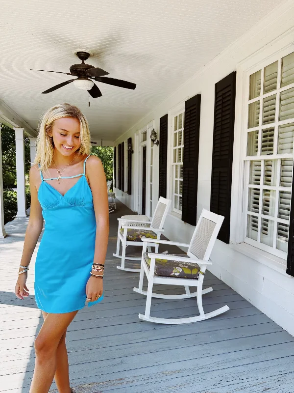 Mini Dresses in Fine Polka Dots -Added Contrast Satin Dress - Aqua Blue