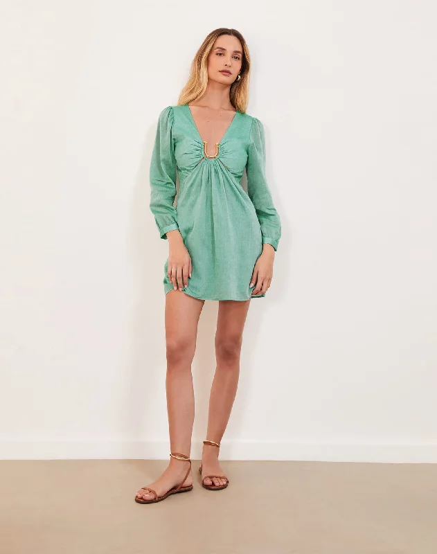 Green Mini Dresses for Spring Looks -Amelia Detail Short Dress (exchange only) - Seagreen