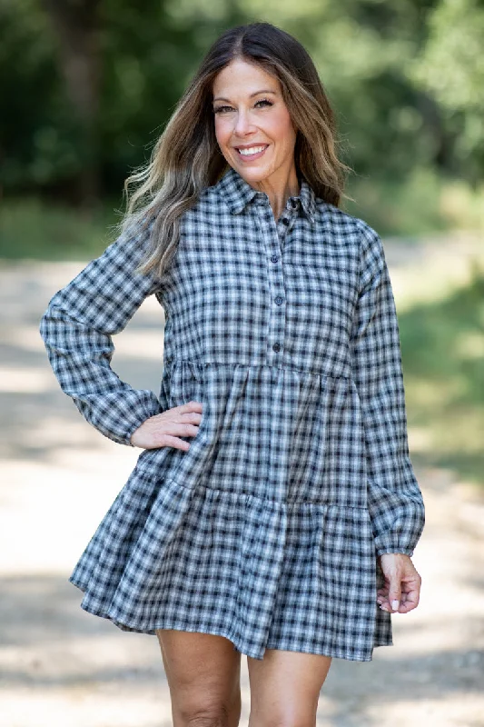 Pastel Mini Dresses for Soft Looks -Black and Grey Gingham Long Sleeve Dress