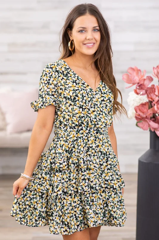 Mini Dresses for Pool Nights -Black and Yellow Floral Tiered Skirt Dress