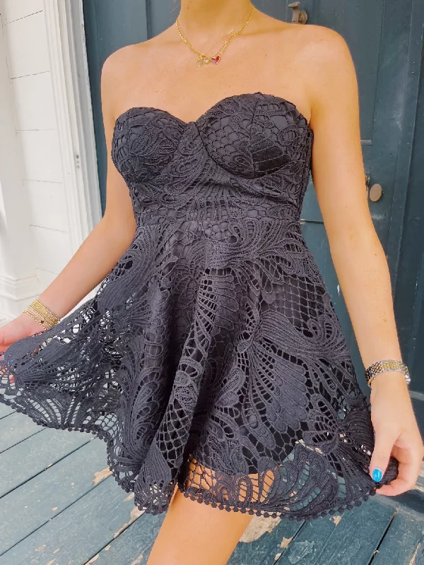 Mini Dresses for Evening Picnics -Bonjour Lace Strapless Dress - Black