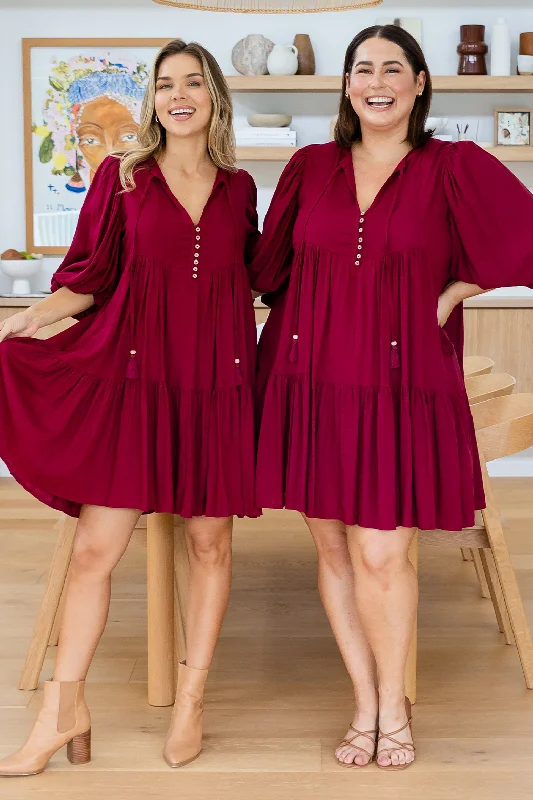 Mini Dresses with Dramatic Sleeves -Christina Dress Wine