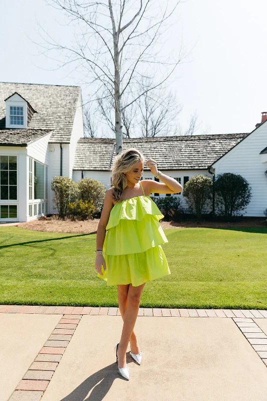 Mini Dresses for Club Evenings -Come To Me Flounce Tiered Dress - Lime