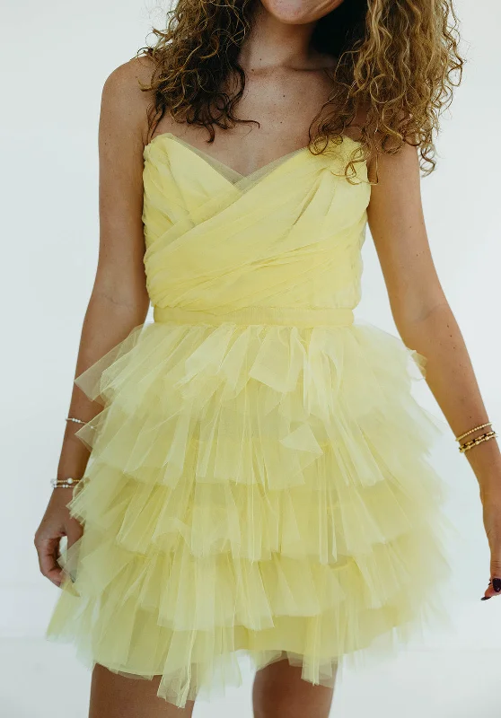 Mini Dresses in Light Silk -Elegant Ruffles Dress - Lt Yellow