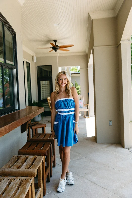 Mini Dresses with Pleated Edges -Danica Mini Dress - Blue/White