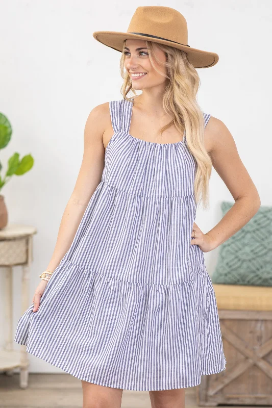 Mini Dresses for Brunch Evenings -Denim Blue Tiered Flowy Dress