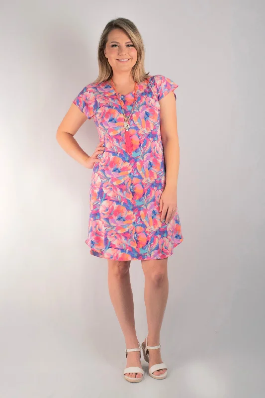 Mini Dresses for Summer Evenings -Floss Print Short Sleeve Jersey Shift Dress