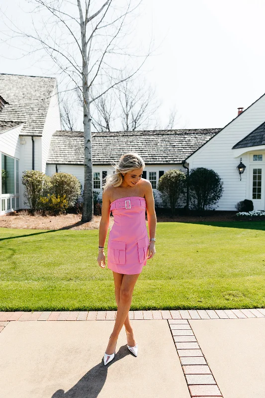 Mini Dresses in Checkered Prints -Foxy Lady Cargo Pocket Mini Dress - Pop Pink