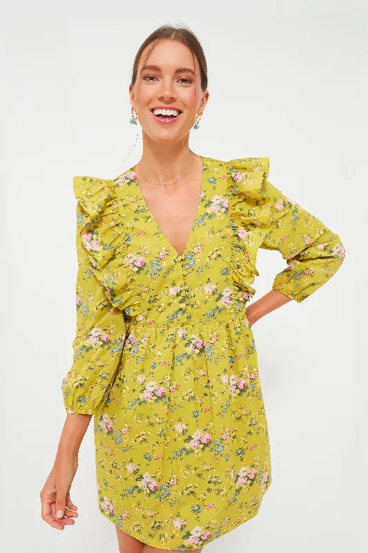 Mini Dresses in Retro Designs -Green Floral Ruffle Reese Mini Dress