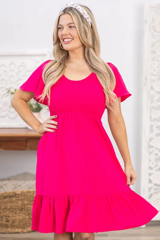 Mini Dresses with Fringe Trims -Hot Pink Scoop Neck Smocking Woven Dress