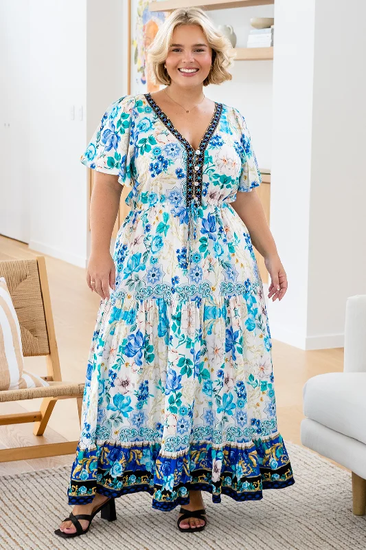 Mini Dresses for Coffee Dates -FINAL SALE | Joelle Maxi Dress Blue Bouquet Print