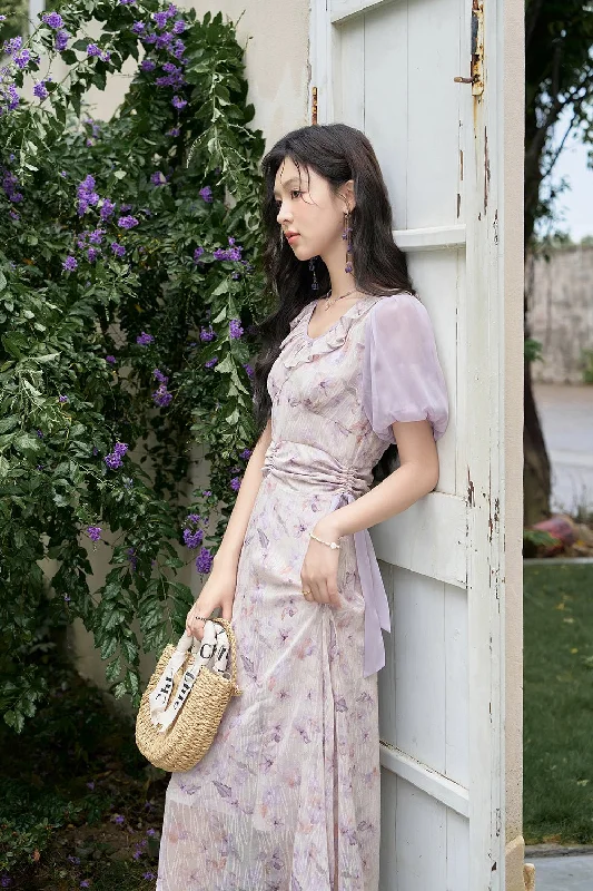 Mini Dresses for Milestone Nights -Women Ruffled Purple Floral Maxi Dress