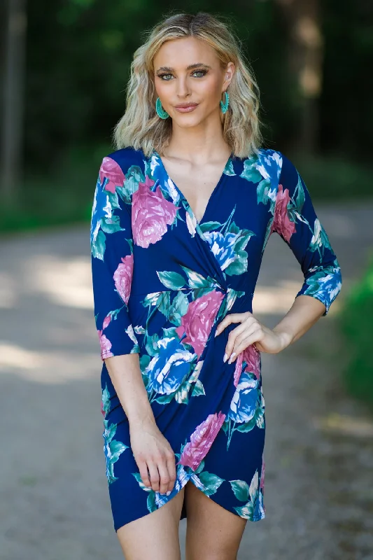 Mini Dresses in Striking Prints -Navy and Dusty Rose Floral Print Dress