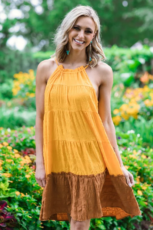 Mini Dresses with Bow Accents -Orange and Cinnamon Colorblock Dress