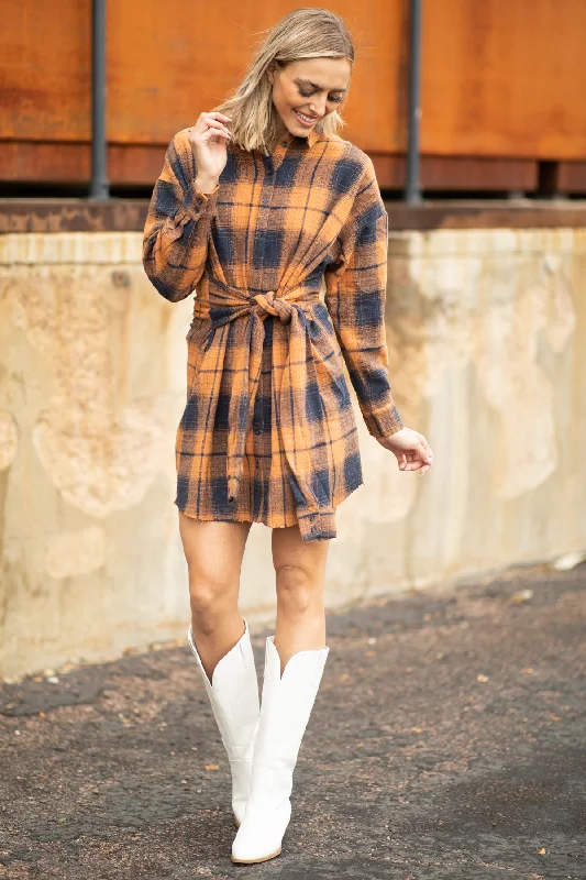 White Mini Dresses for Beach Trips -Orange and Navy Plaid Tie Waist Shirt Dress