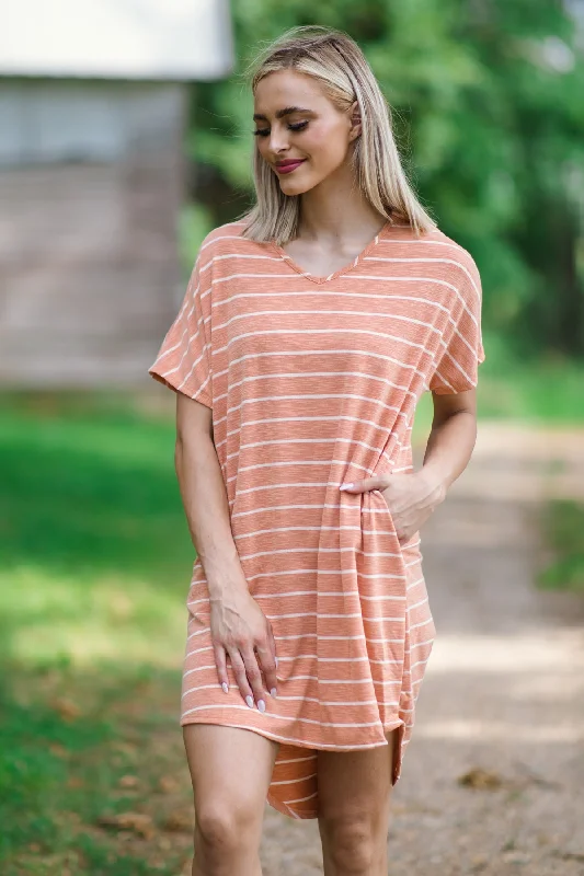 Mini Dresses with Elastic Waists -Orange and White Stripe Short Sleeve Dress