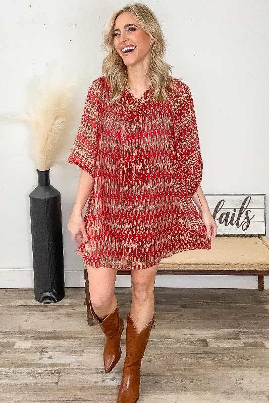 Boho Mini Dresses for Festival Style -Red and Orange Boho Print Dress