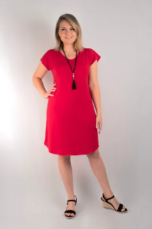 Mini Dresses with Tassel Edges -Sassy Red Short Sleeve Jersey Shift Dress