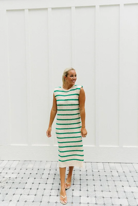 Mini Dresses with Ruched Details -Stay Happy Midi Dress - Ecru/Emerald