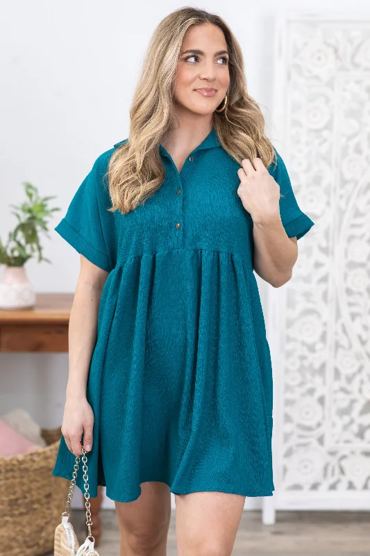 Mini Dresses with Tassel Edges -Teal Woven Short Sleeve Collar Button Dress