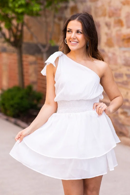 Mini Dresses in Relaxed Fits -White Smocked Waist On Shoulder Dress