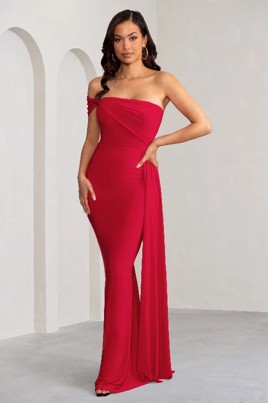 Light-Velvet Maxi Dresses -Aaliyah | Red Asymmetric Bardot Maxi Dress with Drape