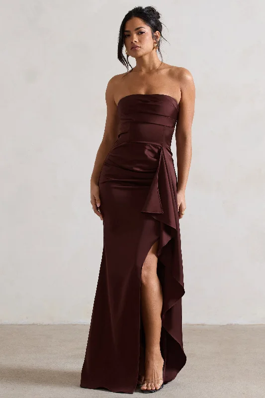 Side-Slit Maxi Dresses -Ace | Chocolate Brown Satin Bandeau Split Maxi Dress With Ruffle Drape