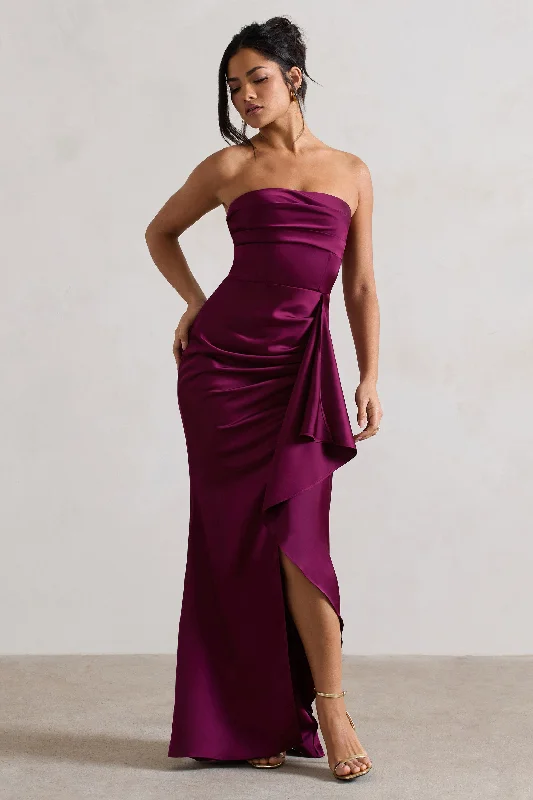 Bell-Hem Maxi Dresses -Ace | Plum Satin Bandeau Split Maxi Dress With Ruffle Drape