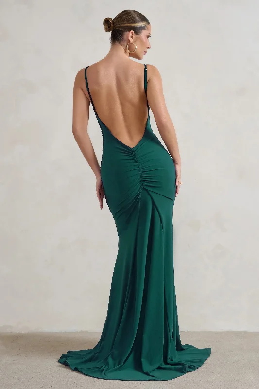 Soft-Chiffon Maxi Dresses -Adele | Bottle Green Backless Ruched Fishtail Cami Maxi Dress