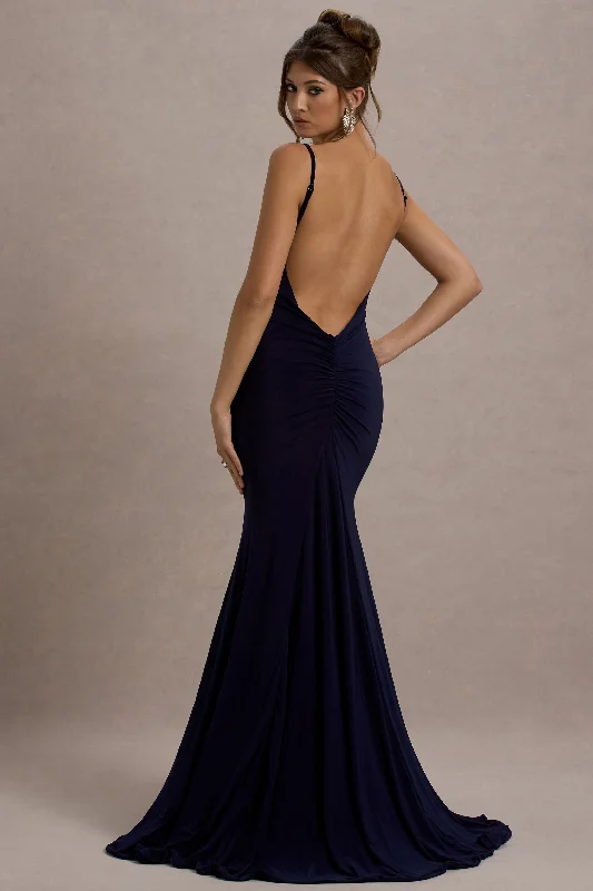 Maxi Dresses for Casual Meetups -Adele | Navy Backless Ruched Fishtail Cami Maxi Dress