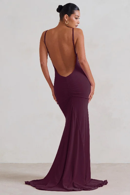 Cool-Tone Maxi Dresses -Adele | Plum Backless Ruched Fishtail Cami Maxi Dress