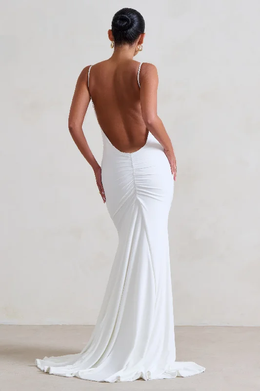 Airy Maxi Dresses -Adele | White Ruched Fishtail Cami Maxi Dress