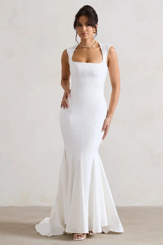 Side-Gather Maxi Dresses -Adore You | Cream Square-Neck Structured Fishtail Maxi Dress