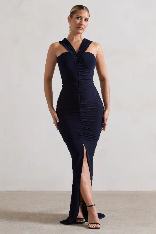 Ruched Maxi Dresses -Aida | Navy Ruched V-Neck Split Maxi Dress