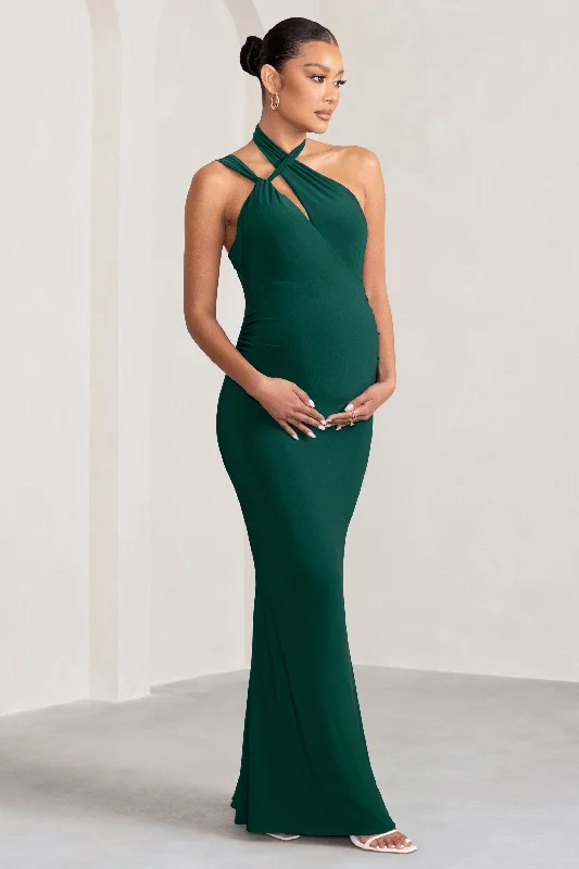 Tie-Front-Design Maxi Dresses -Alba | Bottle Green Maternity Halter Asymmetric Maxi Dress with Cut Out