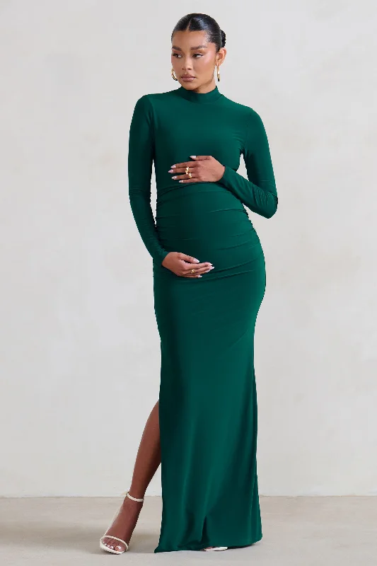 Maxi Dresses for Casual Dates -Alejandra | Green Maternity Long Sleeve High Neck Maxi Dress