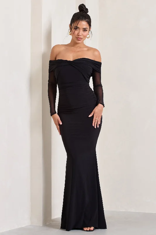 Plush-Velvet Maxi Dresses -Alex | Black Bardot Twist Maxi Dress