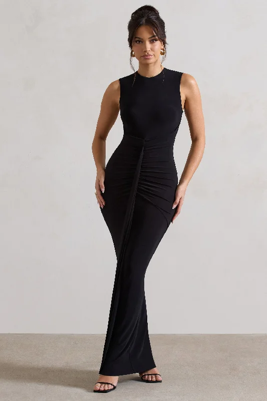 Maxi Dresses for Casual Dates -Alexa | Black High-Neck Gathered Maxi Dress With Drape