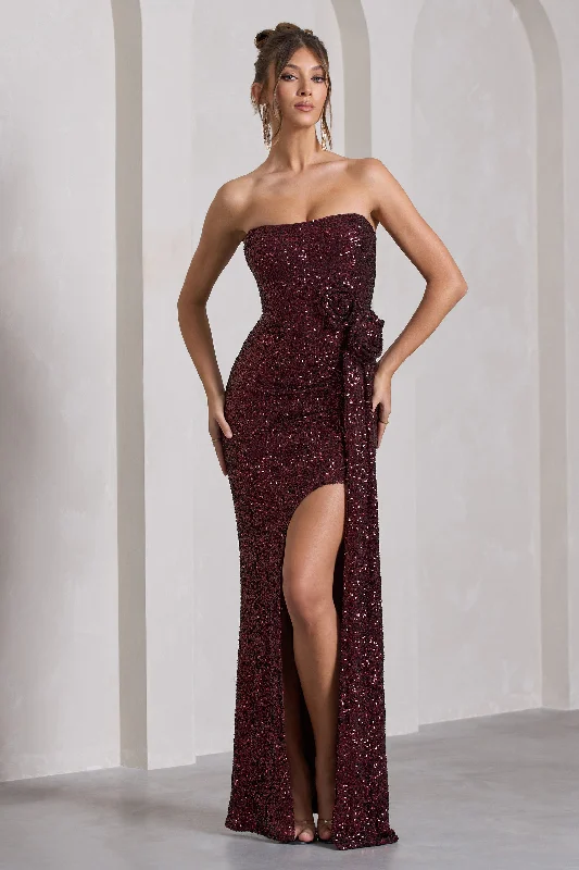 Soft-Cotton Maxi Dresses -Alexandria | Burgundy Sequin Corset Maxi Dress With Flowers