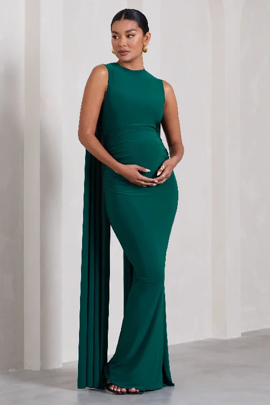 Blue Maxi Dresses for Evening -Allora | Bottle Green High-Neck Sleeveless Cape Maternity Maxi Dress