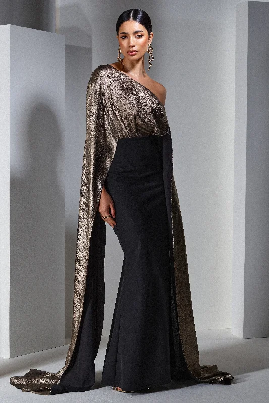 Maxi Dresses for Wine Tastings -Alura | Black & Gold Metallic One Shoulder Cape Maxi Dress