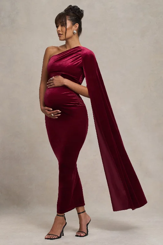 Deep V-Neck Maxi Dresses -Amaryllis | Berry Velvet Maternity One Shoulder Maxi Dress with Cape Sleeve