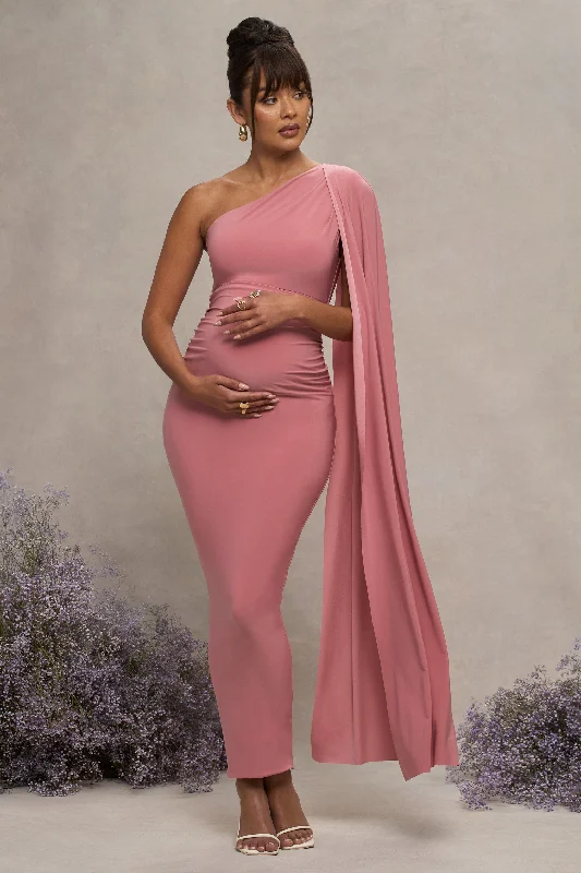 V-Neck-Design Maxi Dresses -Amaryllis | Blush Pink Maternity One Shoulder Maxi Dress with Cape Sleeve