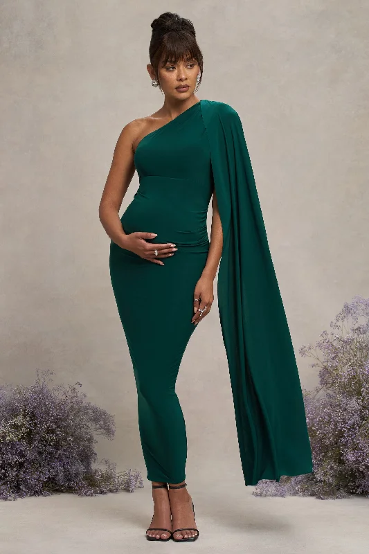 Side-Ruffle Maxi Dresses -Amaryllis | Bottle Green Maternity One Shoulder Maxi Dress with Cape Sleeve