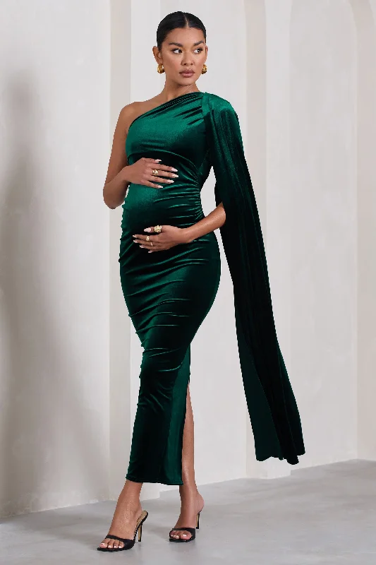 Pleated-Skirt Maxi Dresses -Amaryllis | Bottle Green Velvet Maternity One Shoulder Maxi Dress with Cape Sleeve