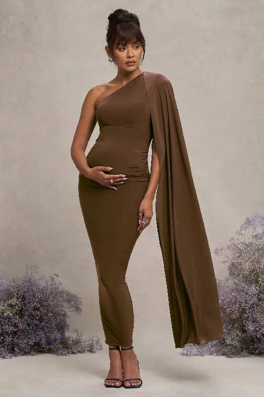 Maxi Dresses for Patio Parties -Amaryllis | Chocolate Maternity One Shoulder Maxi Dress with Cape Sleeve