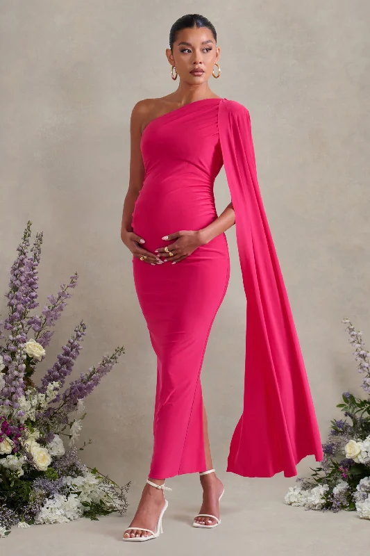 Maxi Dresses for Pool Parties -Amaryllis | Hot Pink Maternity One Shoulder Maxi Dress with Cape Sleeve