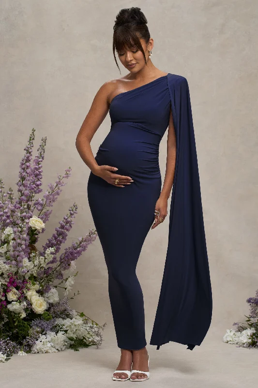 Draped-Sleeve Maxi Dresses -Amaryllis | Navy Maternity One Shoulder Maxi Dress with Cape Sleeve